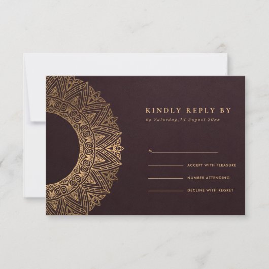 BURGUNDY GOLD CLASSIC ORNATE MANDALA MARIAGE RSVP (Devant)
