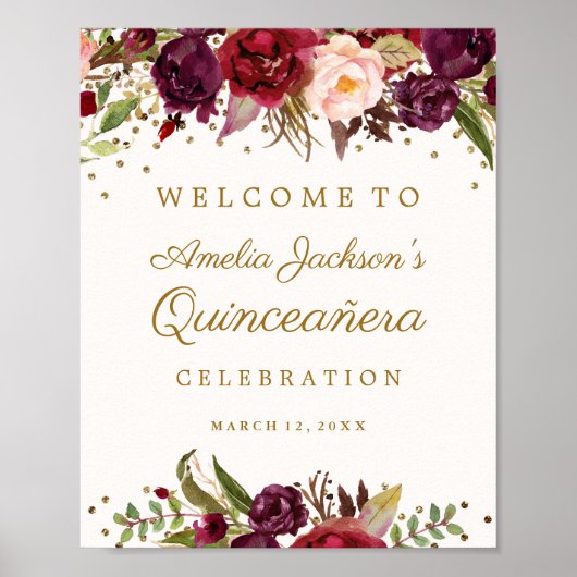 Burgundy Gold Confetti Floral Quinceanera Sign. Poster (Voorkant)
