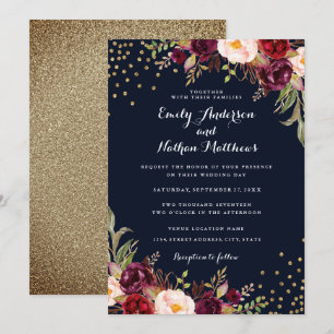 Burgundy Gold Confetti Floral Wedding Invitation Kaart