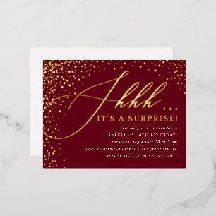 Burgundy & Gold Confetti Script Surprise Party Folie Uitnodiging Briefkaart