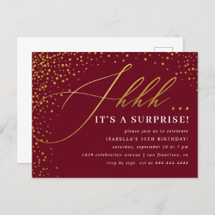 Burgundy & Gold Confetti Script Surprise Party Uitnodiging Briefkaart
