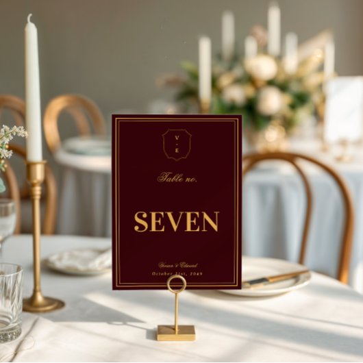 Burgundy Gold Crest Monogram Wedding Table Number Kaart