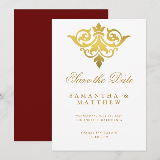 Burgundy Gold Damask Indian Wedding Save the Date (Voorkant / Achterkant)