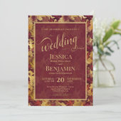 Burgundy & Gold Fall Leaves Stylish Script Wedding Kaart (Staand voorkant)