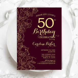 Burgundy Gold Floral 50th Birthday Party Kaart