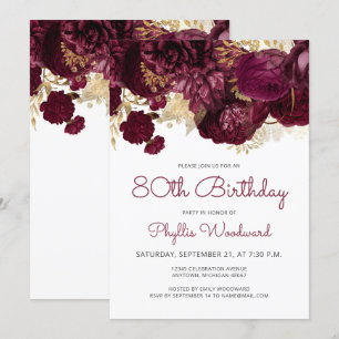 Burgundy Gold Floral 80th Birthday Party Kaart