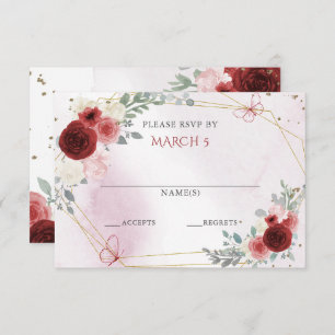 Burgundy Gold Floral Butterflies Quinceanera RSVP Kaartje