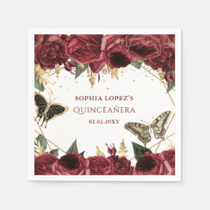 Burgundy Gold Floral Butterflies Quinceanera Servet