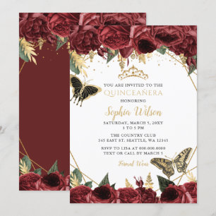 Burgundy Gold Floral Butterfly Quinceañera Quince Kaart