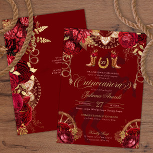 Burgundy & Gold Floral Elegant Charro Quinceanera Kaart