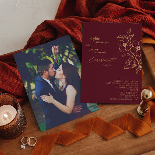 Burgundy Gold Floral Foto Engagement Party Kaart