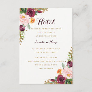 Burgundy Gold Floral Glitter Hotel Accommodatie Informatiekaartje