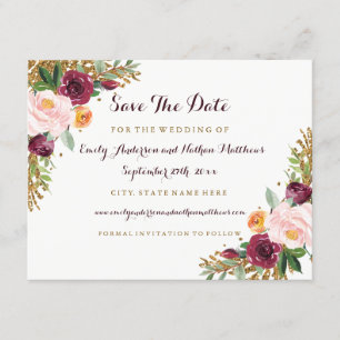 Burgundy Gold Floral Glitter Mariage Save The Date