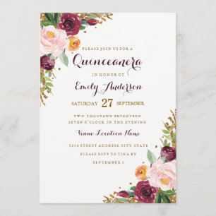 Burgundy Gold Floral Glitter Quinceanera Card Kaart