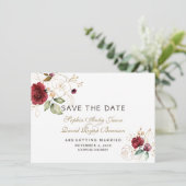 Burgundy Gold Floral Mariage Save The Date (Debout devant)