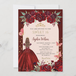 Burgundy Gold Floral Princess Sweet 16 Kaart