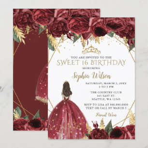 Burgundy Gold Floral Princess Sweet 16 Kaart