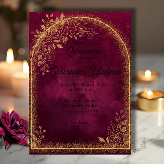 Burgundy & Gold Floral Quinceanera Invitation Kaart