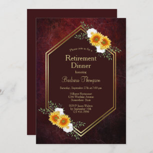 Burgundy Gold Floral Retirement Dinner Party Kaart