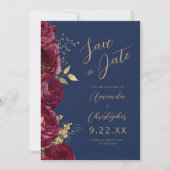 Burgundy Gold Floral Script Navy Save the Date Aankondiging (Voorkant)