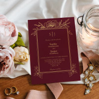 Burgundy Gold Floral Simple Monogram Weddenschap