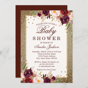 Burgundy Gold floral Sparkle Baby shower Kaart