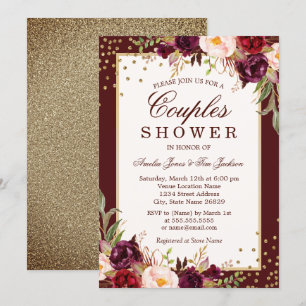 Burgundy Gold-floral Sparkle Couples Shower Kaart