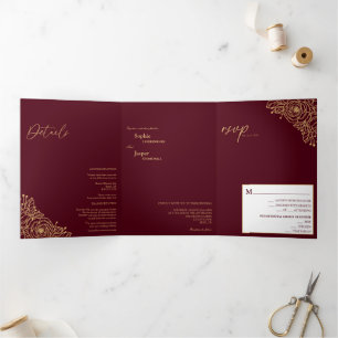 Burgundy Gold Floral Tri-Fold Wedding Invitation Drieluik Uitnodiging