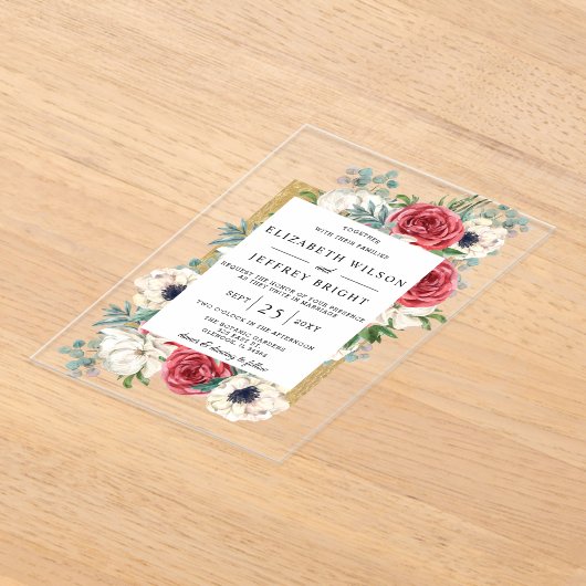 Burgundy Gold Floral Wedding Acryl Uitnodigingen (Laagn)
