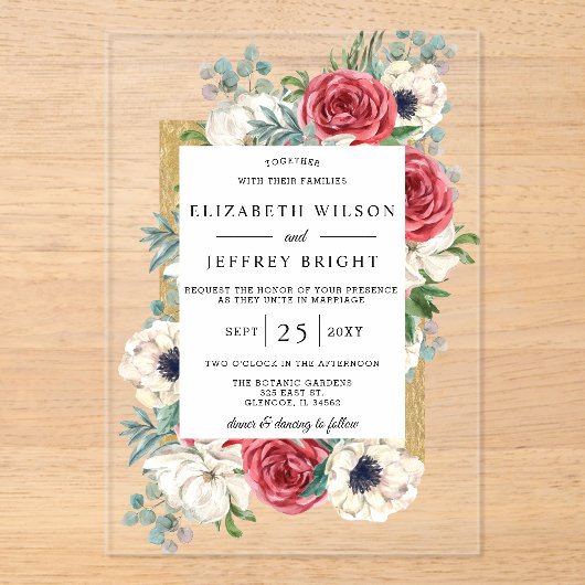 Burgundy Gold Floral Wedding Acryl Uitnodigingen (Voorkant)