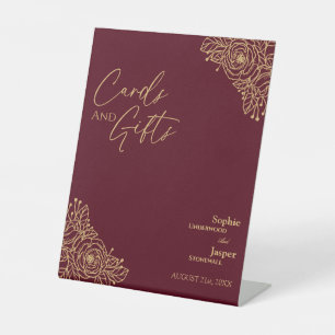 Burgundy Gold Floral Wedding Cards en Gifts Sign Reclamebord Met Voetstuk