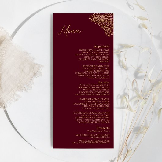 Burgundy Gold Floral Wedding Flat Menu