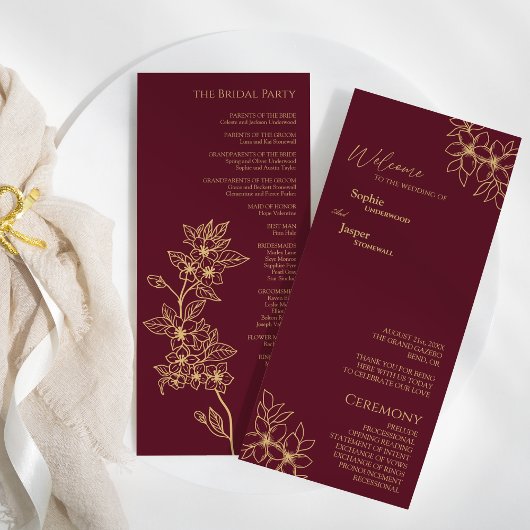Burgundy Gold Floral Wedding Flat-programma Programma