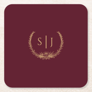 Burgundy Gold Floral Wedding Monogram Vierkante Kartonnen Onderzetter