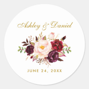 Burgundy Gold Floral Wedding Ronde Sticker