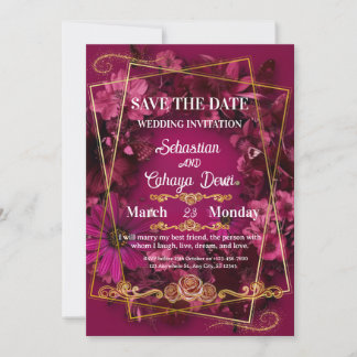 Burgundy Gold Floral Wedding Save the Date Kaart