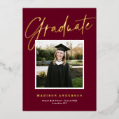 Burgundy Gold Foil Faire-part de graduation photo (Recto)