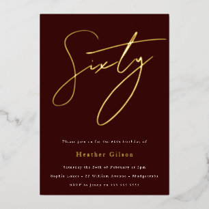 Burgundy & Gold Foil Script 60th Birthday Party Folie Uitnodiging