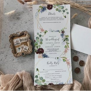 Burgundy Gold Geometric Wedding Drieluik Uitnodiging