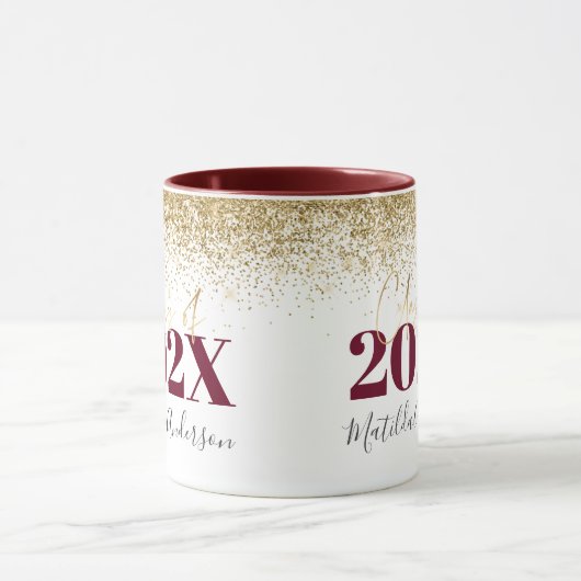 Burgundy gold glitter afstuderen elegant script mu mok (Midden)