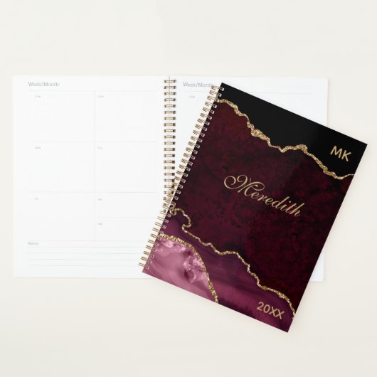 Burgundy Gold Glitter Agate Personalized Planner (Display)
