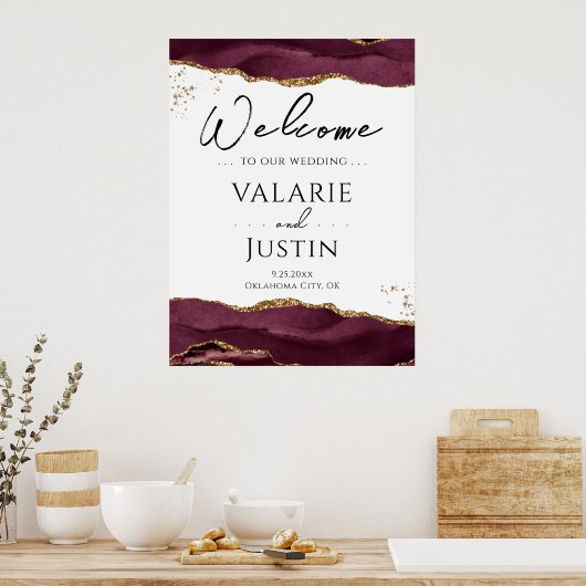 Burgundy Gold Glitter Agate Weddenschap Welkomstte Poster (Keuken)