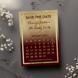 Burgundy Gold Glitter Calendar Save the Date Aankondigingskaart