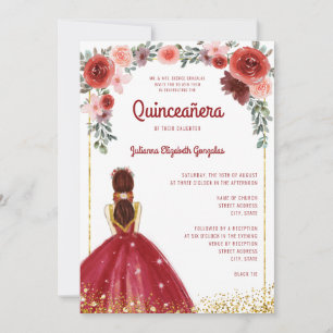Burgundy Gold Glitter Floral Princess Quinceanera Kaart