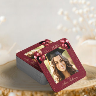 Burgundy Gold Glitter Graduation Party Photo Vierkante Kartonnen Onderzetter