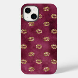 Burgundy Gold Glitter Kisses Lips Case-Mate iPhone 14 Hoesje