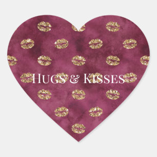 Burgundy Gold Glitter Kisses Lips Hart Sticker