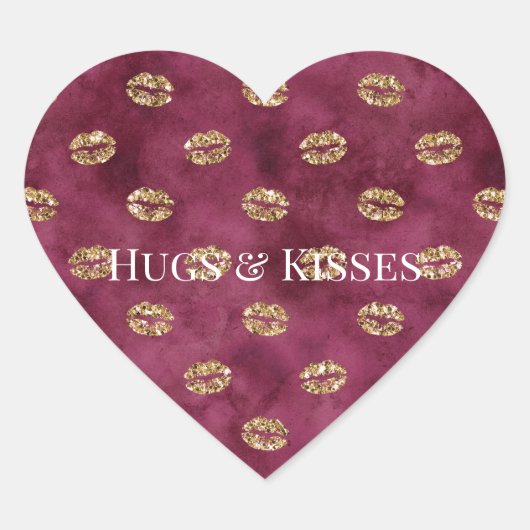 Burgundy Gold Glitter Kisses Lips Hart Sticker (Voorkant)