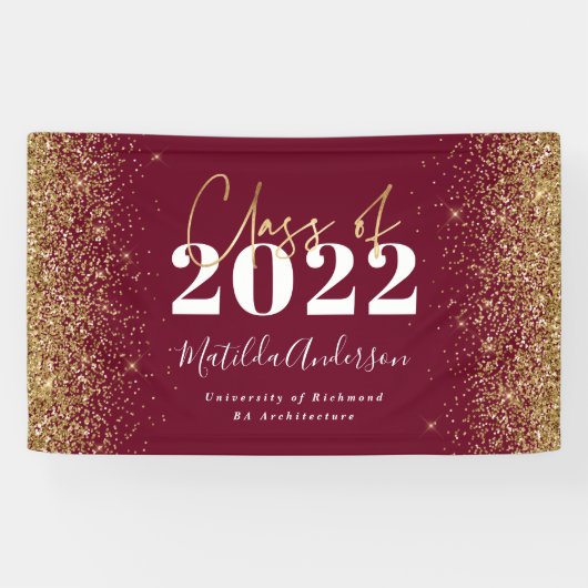 Burgundy gold glitter script class van afstuderen spandoek (Horizontaal)