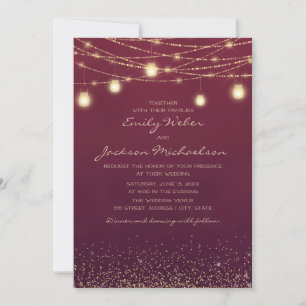 Burgundy Gold Glitter String Light Lantern Wedding Kaart